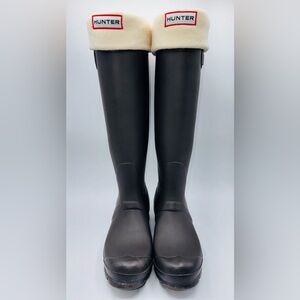 Hunter Womens Rubber Tall Rain Boots Matte Green W White Fleece Liners Size 5